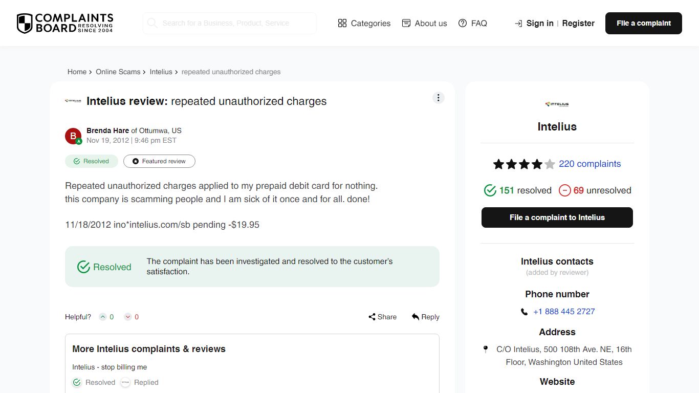 [Resolved] Intelius Review: repeated unauthorized charges ...